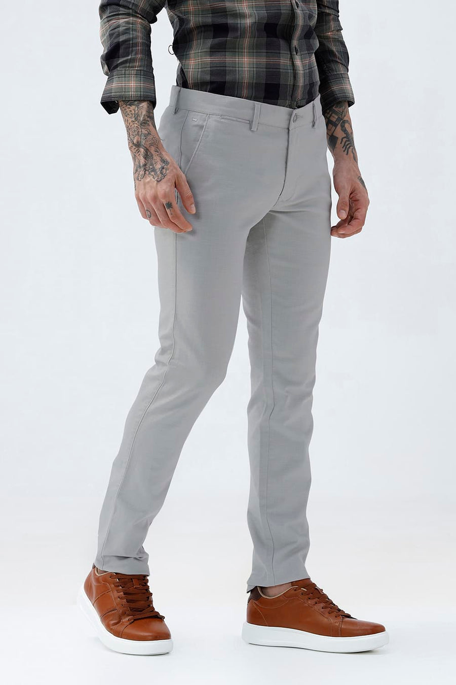 BASICS TAPERED FIT HARBOR MIST GREY COTTON STRETCH STRUCTURE TROUSER