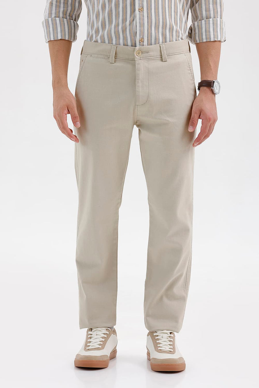 BASICS TAPERED FIT TIDAL FOAM BEIGE COTTON STRETCH STRUCTURE TROUSER