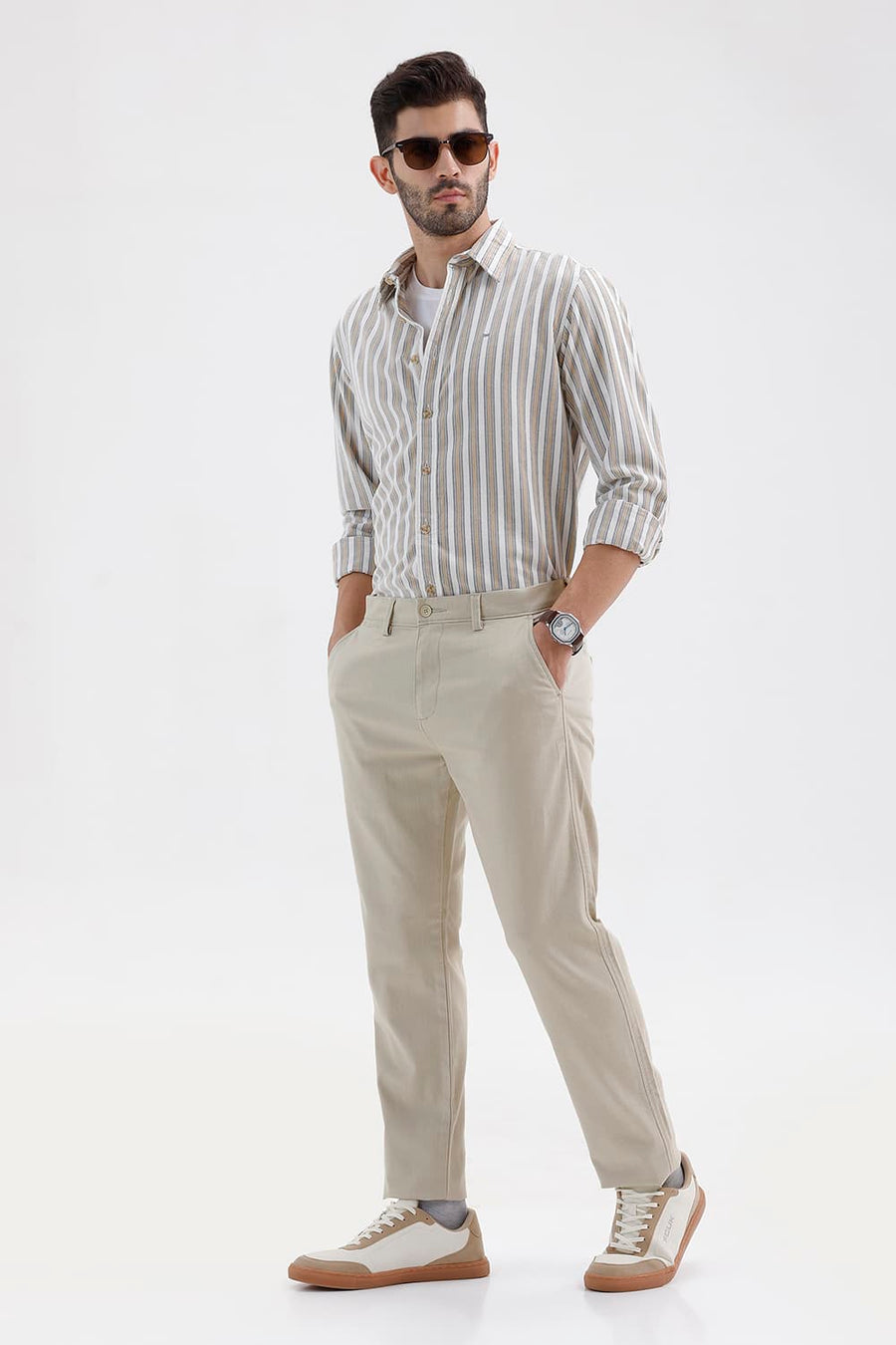 BASICS TAPERED FIT TIDAL FOAM BEIGE COTTON STRETCH STRUCTURE TROUSER