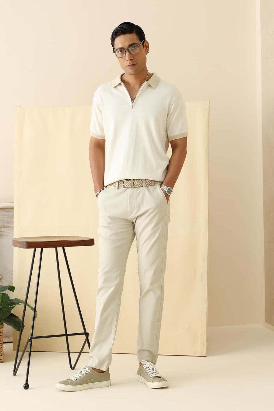 Basics Tapered Fit Tidal Foam Beige Cotton Stretch Structure Trouser