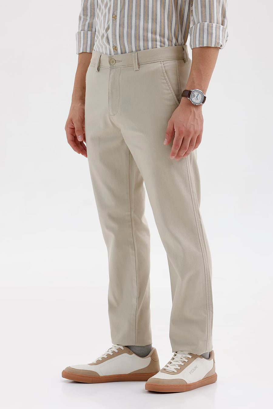 BASICS TAPERED FIT TIDAL FOAM BEIGE COTTON STRETCH STRUCTURE TROUSER