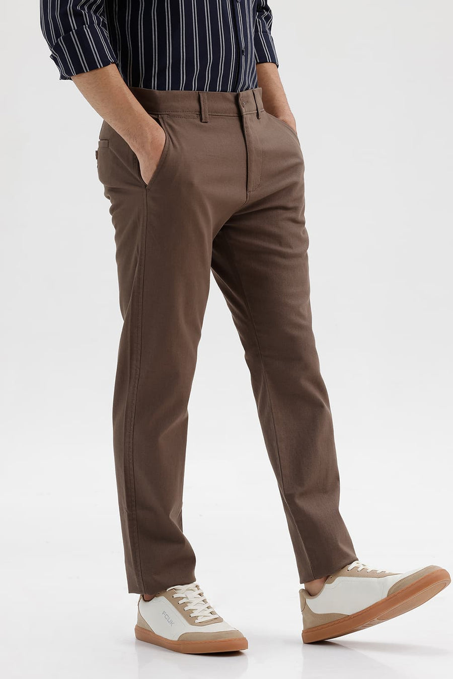 BASICS TAPERED FIT SHITAKE BROWN COTTON STRETCH STRUCTURE TROUSER