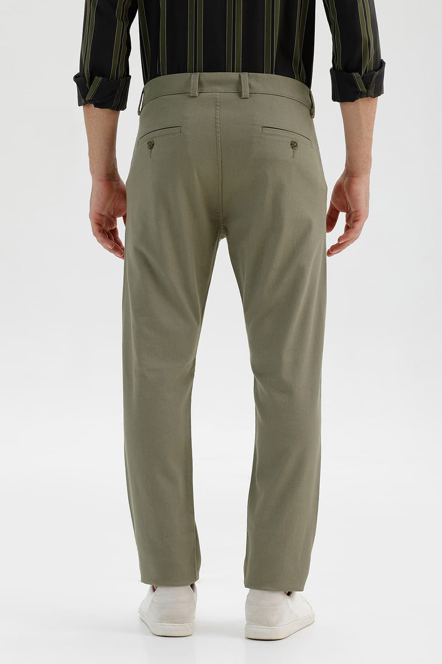 BASICS TAPERED FIT DUSKY GREEN COTTON STRETCH STRUCTURE TROUSER