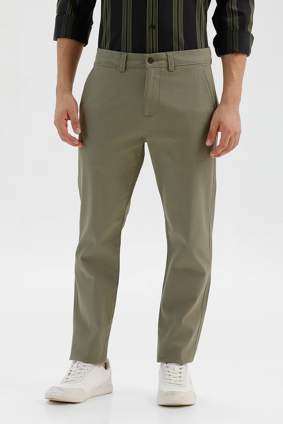 BASICS TAPERED FIT DUSKY GREEN COTTON STRETCH STRUCTURE TROUSER