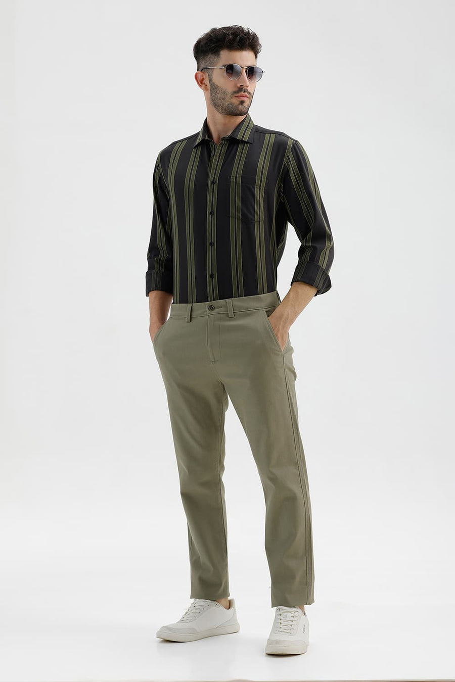 BASICS TAPERED FIT DUSKY GREEN COTTON STRETCH STRUCTURE TROUSER