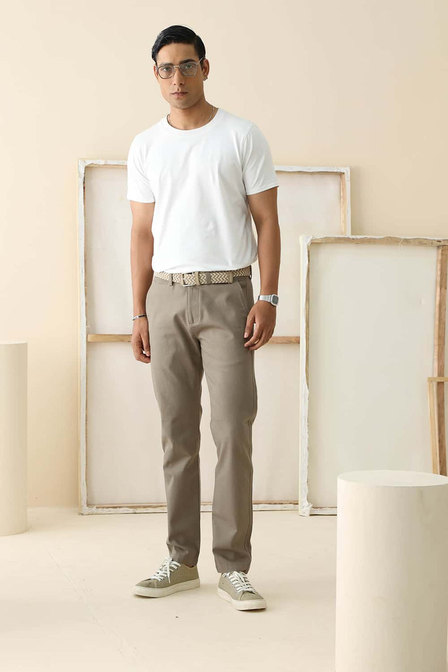 Basics Tapered Fit Dusky Green Cotton Stretch Structure Trouser