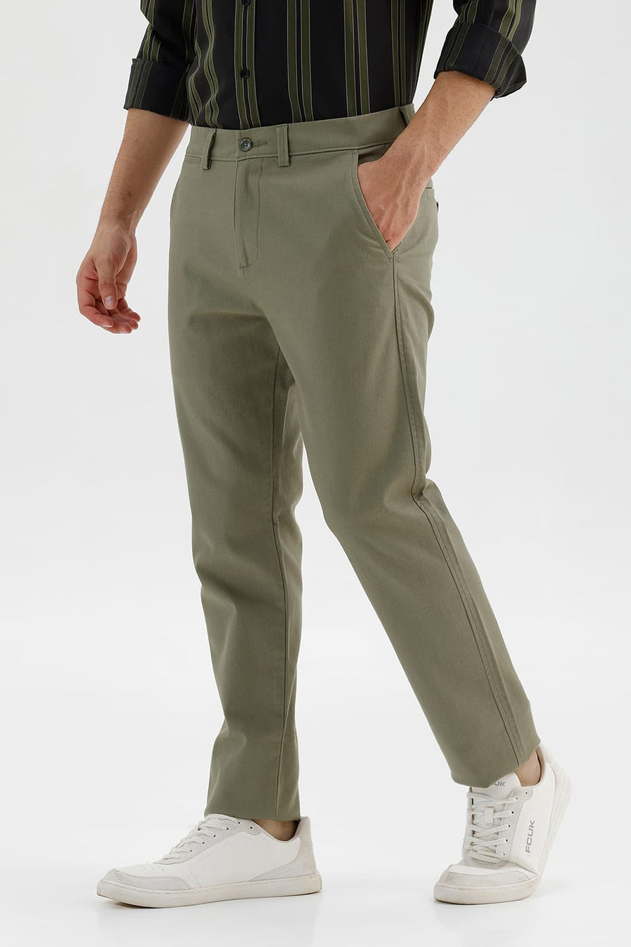 BASICS TAPERED FIT DUSKY GREEN COTTON STRETCH STRUCTURE TROUSER