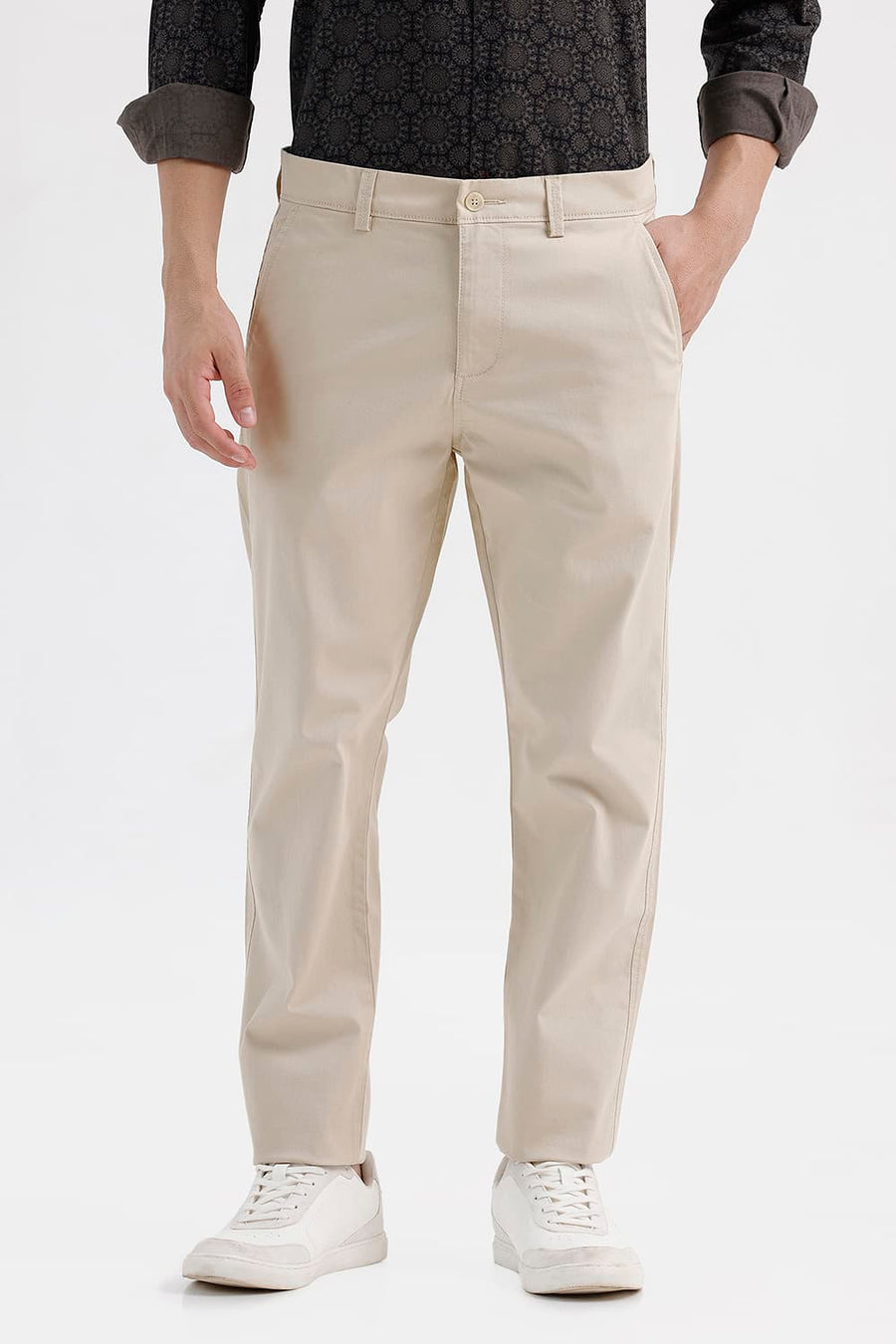 BASICS TAPERED FIT FOG BEIGE COTTON STRETCH STRUCTURE TROUSER