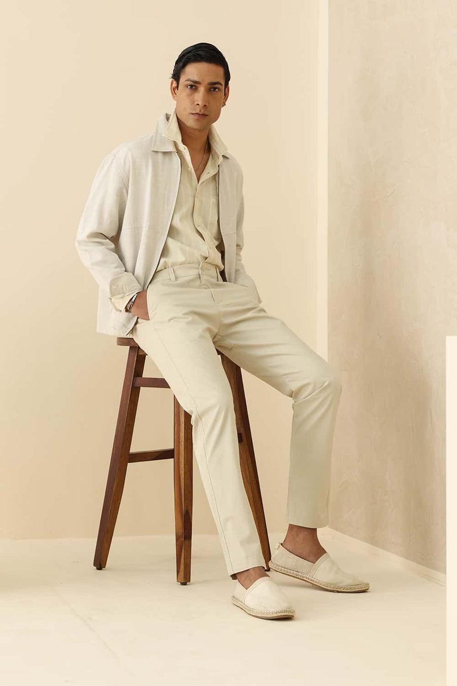 Basics Tapered Fit Fog Beige Cotton Stretch Structure Trouser