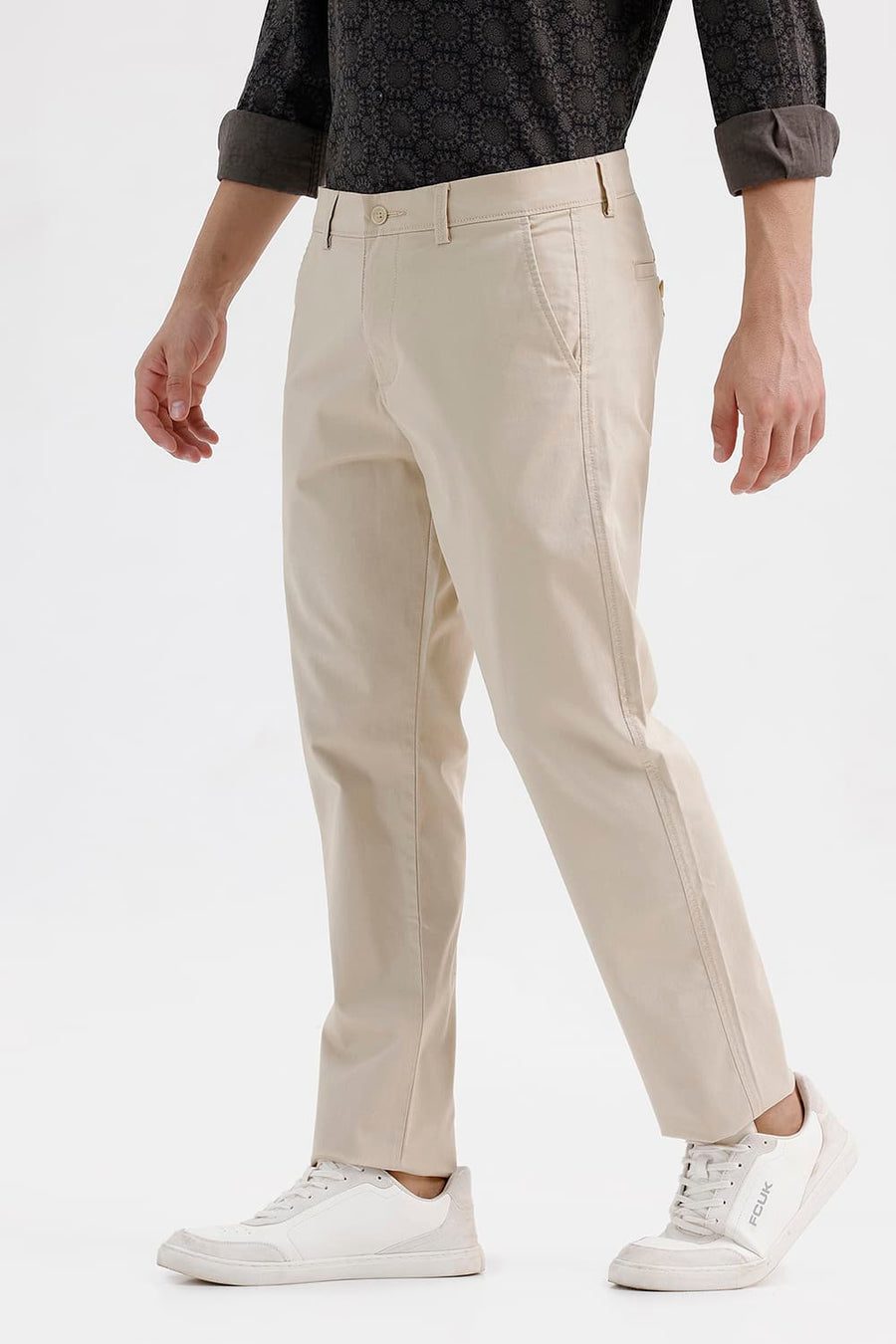 BASICS TAPERED FIT FOG BEIGE COTTON STRETCH STRUCTURE TROUSER