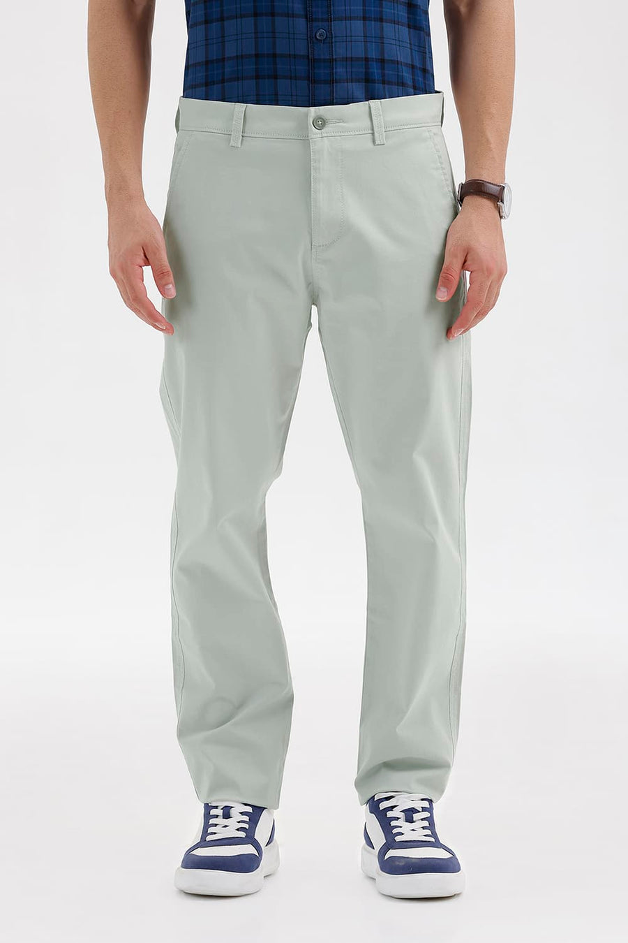 BASICS TAPERED FIT GRAY GREEN COTTON STRETCH STRUCTURE TROUSER