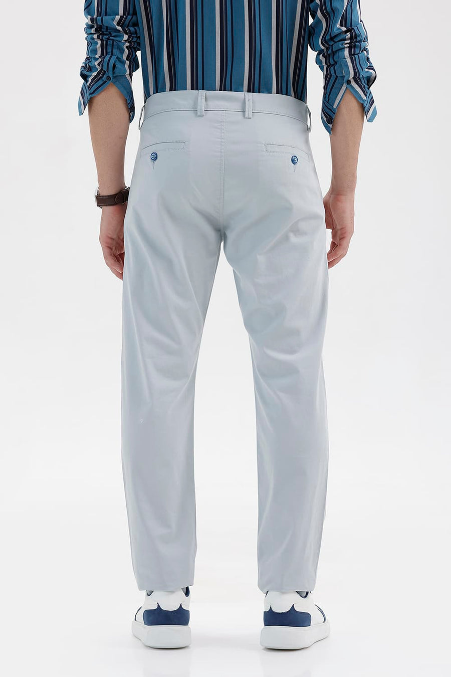 BASICS TAPERED FIT HIGH RISE BLUE COTTON STRETCH STRUCTURE TROUSER