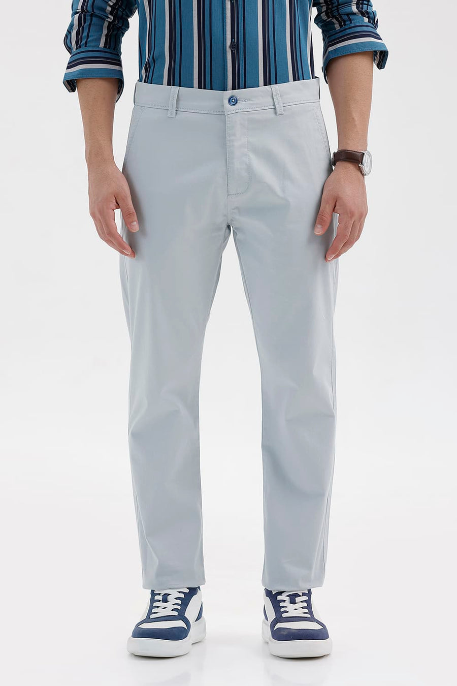 BASICS TAPERED FIT HIGH RISE BLUE COTTON STRETCH STRUCTURE TROUSER