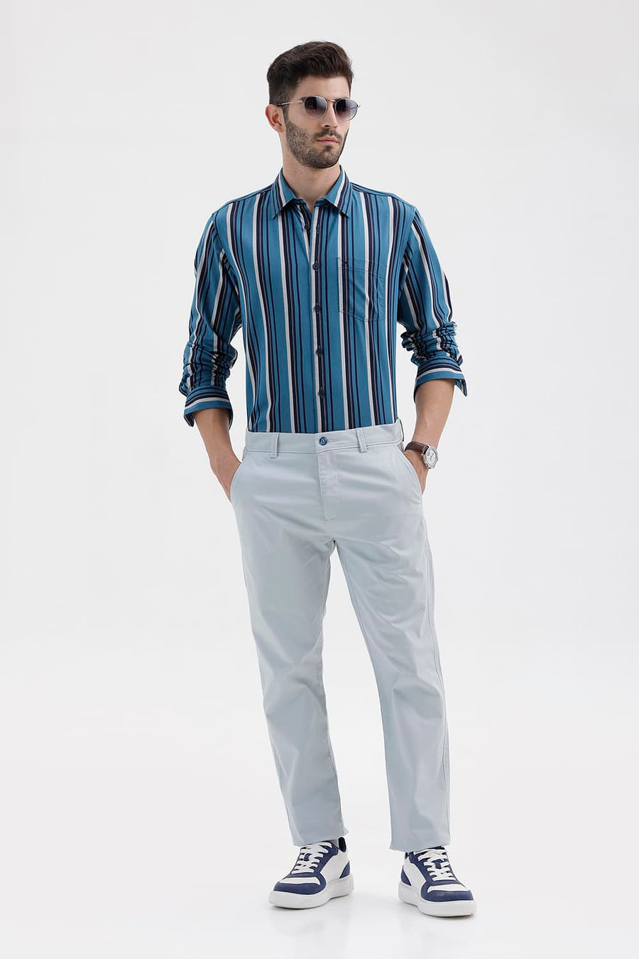BASICS TAPERED FIT HIGH RISE BLUE COTTON STRETCH STRUCTURE TROUSER