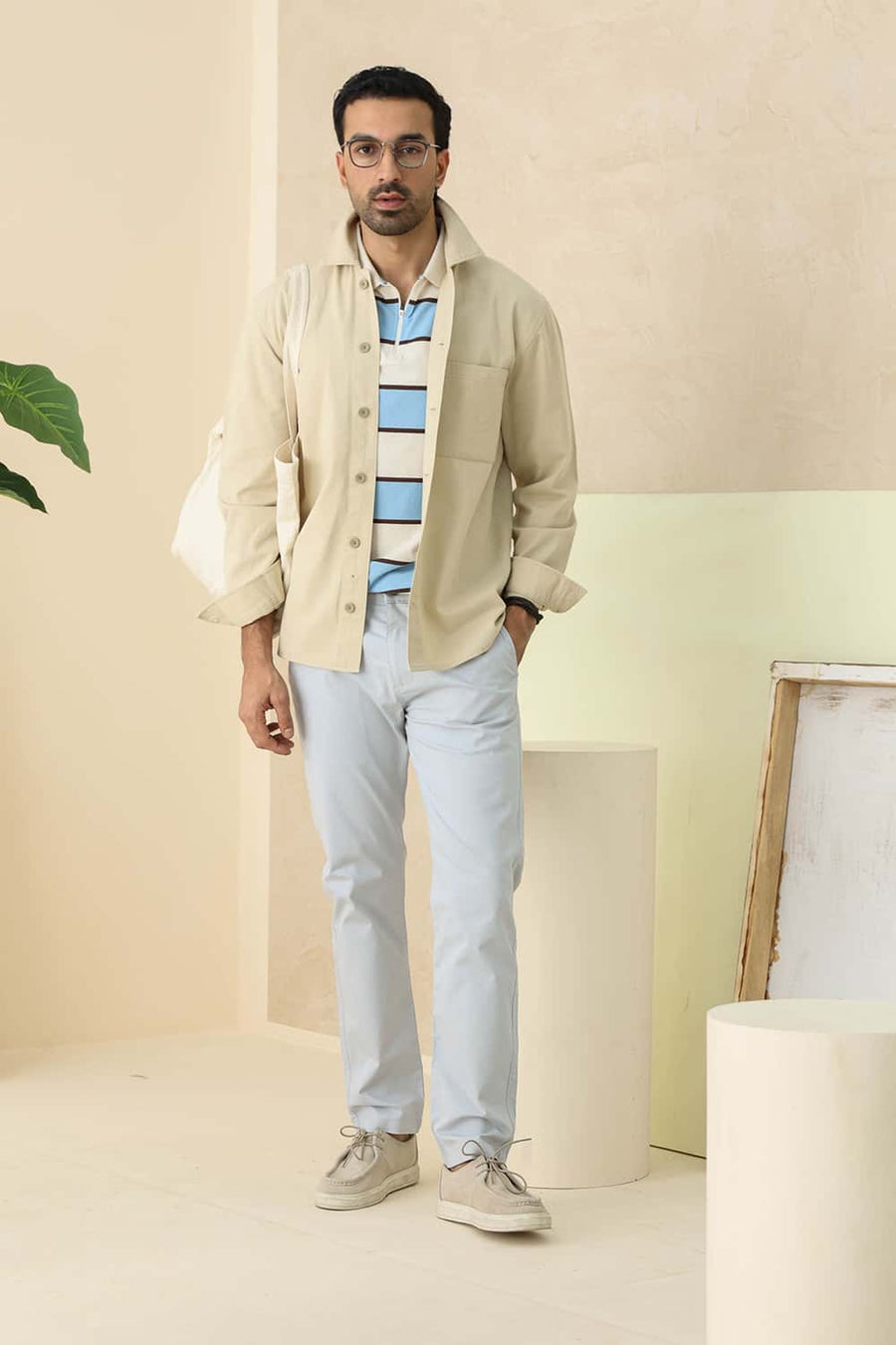 Basics Tapered Fit High Rise Blue Cotton Stretch Structure Trouser