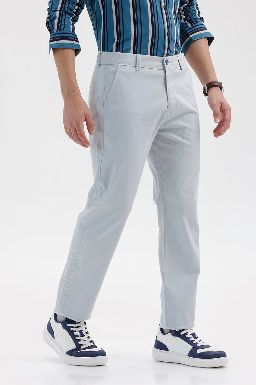 BASICS TAPERED FIT HIGH RISE BLUE COTTON STRETCH STRUCTURE TROUSER