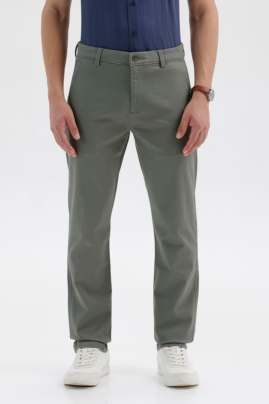 BASICS TAPERED FIT MULLED BASIL GREEN COTTON STRETCH STRUCTURE TROUSER