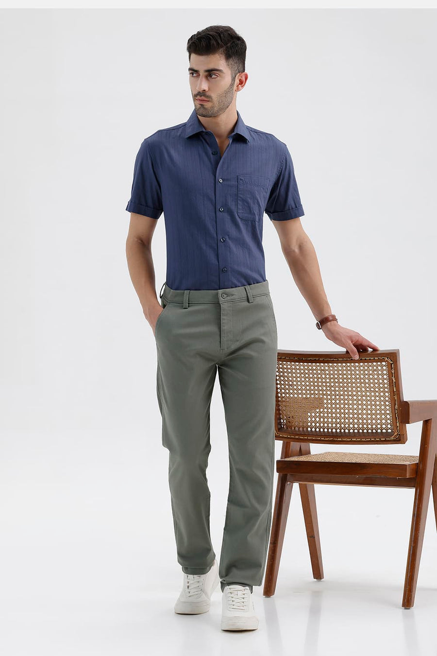 BASICS TAPERED FIT MULLED BASIL GREEN COTTON STRETCH STRUCTURE TROUSER