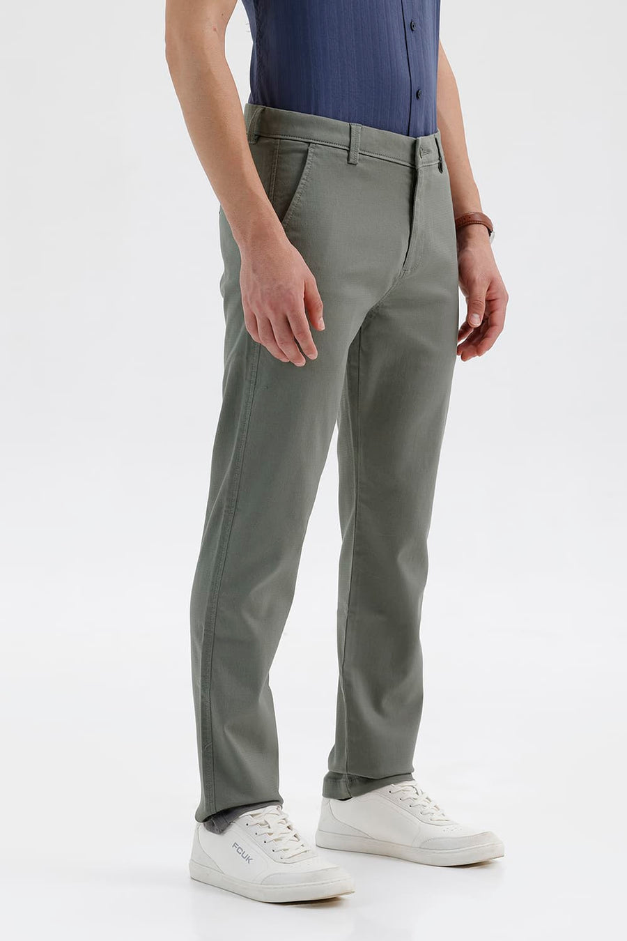 BASICS TAPERED FIT MULLED BASIL GREEN COTTON STRETCH STRUCTURE TROUSER