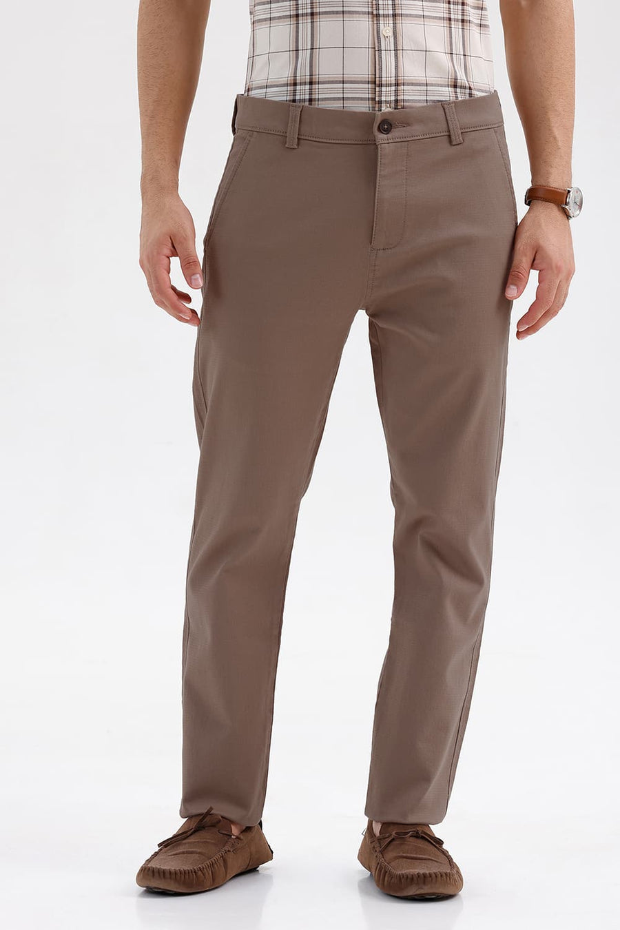 BASICS TAPERED FIT COCOA BROWN COTTON STRETCH STRUCTURE TROUSER