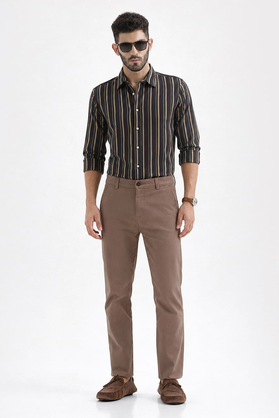 BASICS TAPERED FIT COCOA BROWN COTTON STRETCH STRUCTURE TROUSER