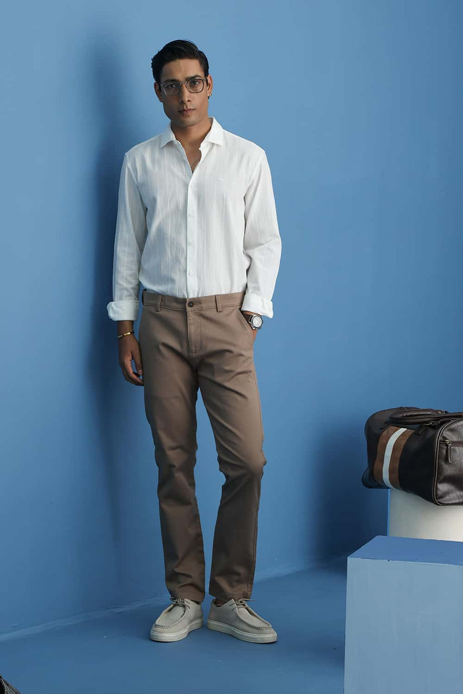 BASICS TAPERED FIT COCOA BROWN COTTON STRETCH STRUCTURE TROUSER