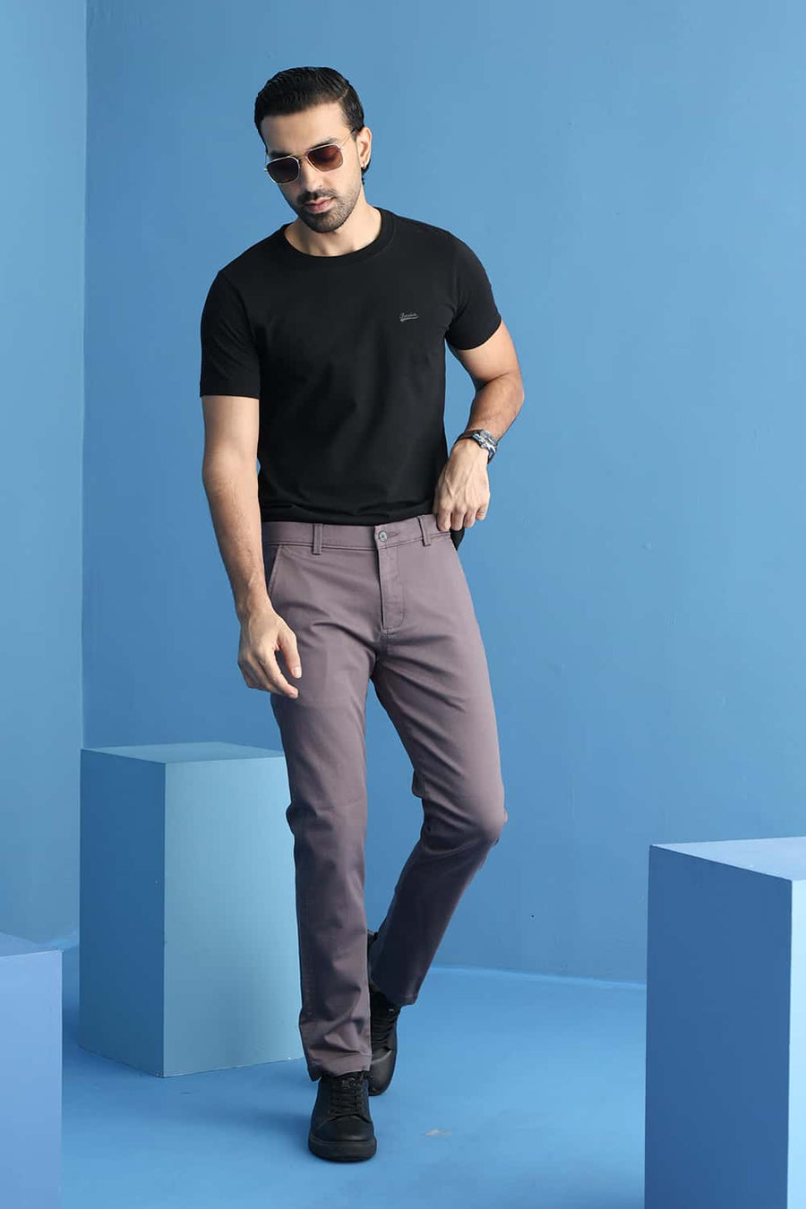 BASICS TAPERED FIT PAVEMENT PURPLE COTTON STRETCH STRUCTURE TROUSER