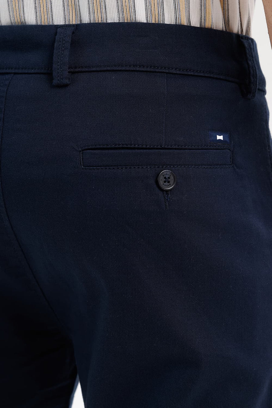 BASICS TAPERED FIT SILHOUETTE NAVY COTTON STRETCH STRUCTURE TROUSER