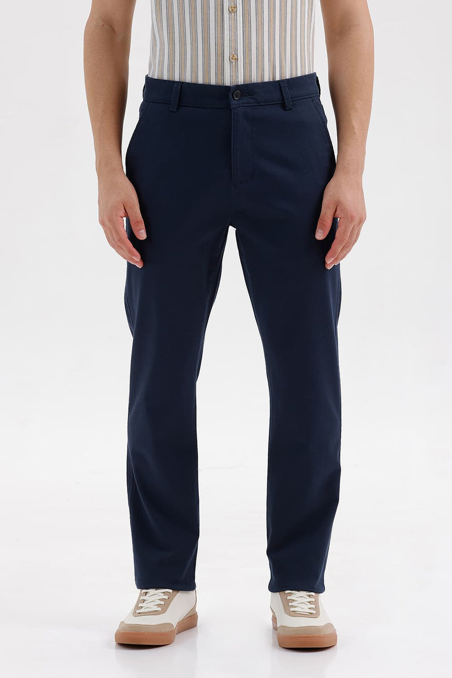 BASICS TAPERED FIT SILHOUETTE NAVY COTTON STRETCH STRUCTURE TROUSER