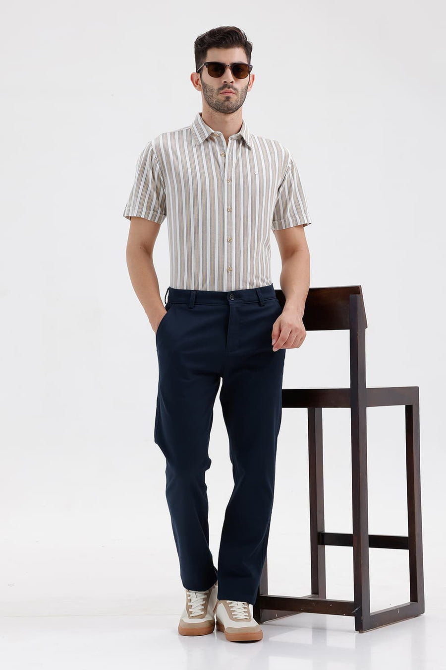 BASICS TAPERED FIT SILHOUETTE NAVY COTTON STRETCH STRUCTURE TROUSER