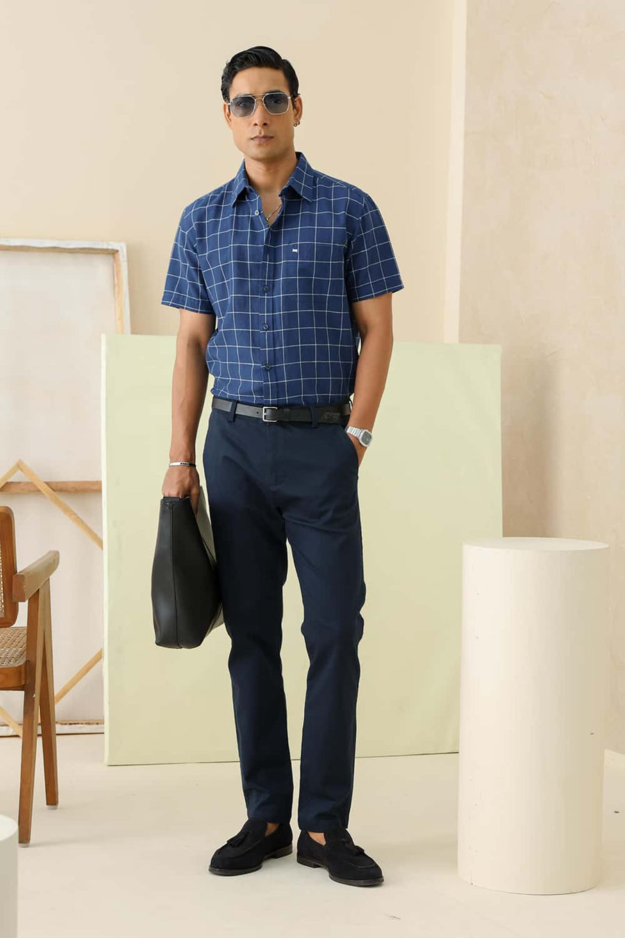 BASICS TAPERED FIT SILHOUETTE NAVY COTTON STRETCH STRUCTURE TROUSER