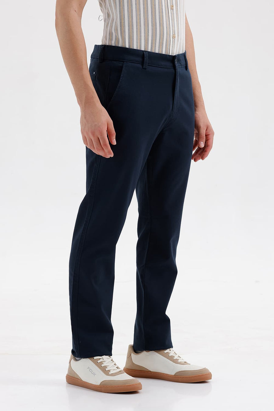 BASICS TAPERED FIT SILHOUETTE NAVY COTTON STRETCH STRUCTURE TROUSER