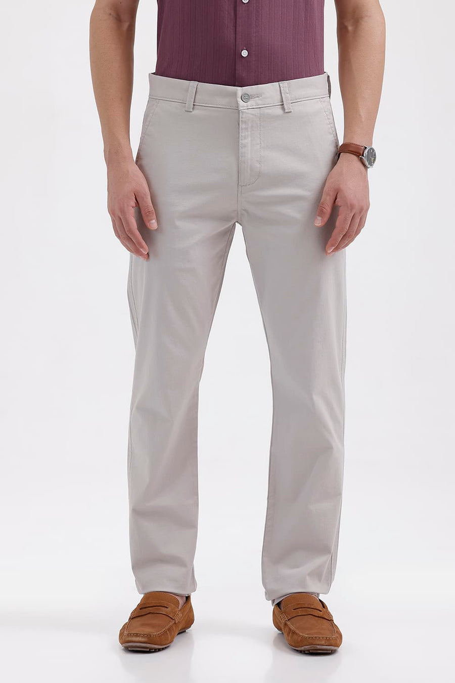 BASICS TAPERED FIT CUMULUS CLOUD GREY COTTON STRETCH STRUCTURE TROUSER