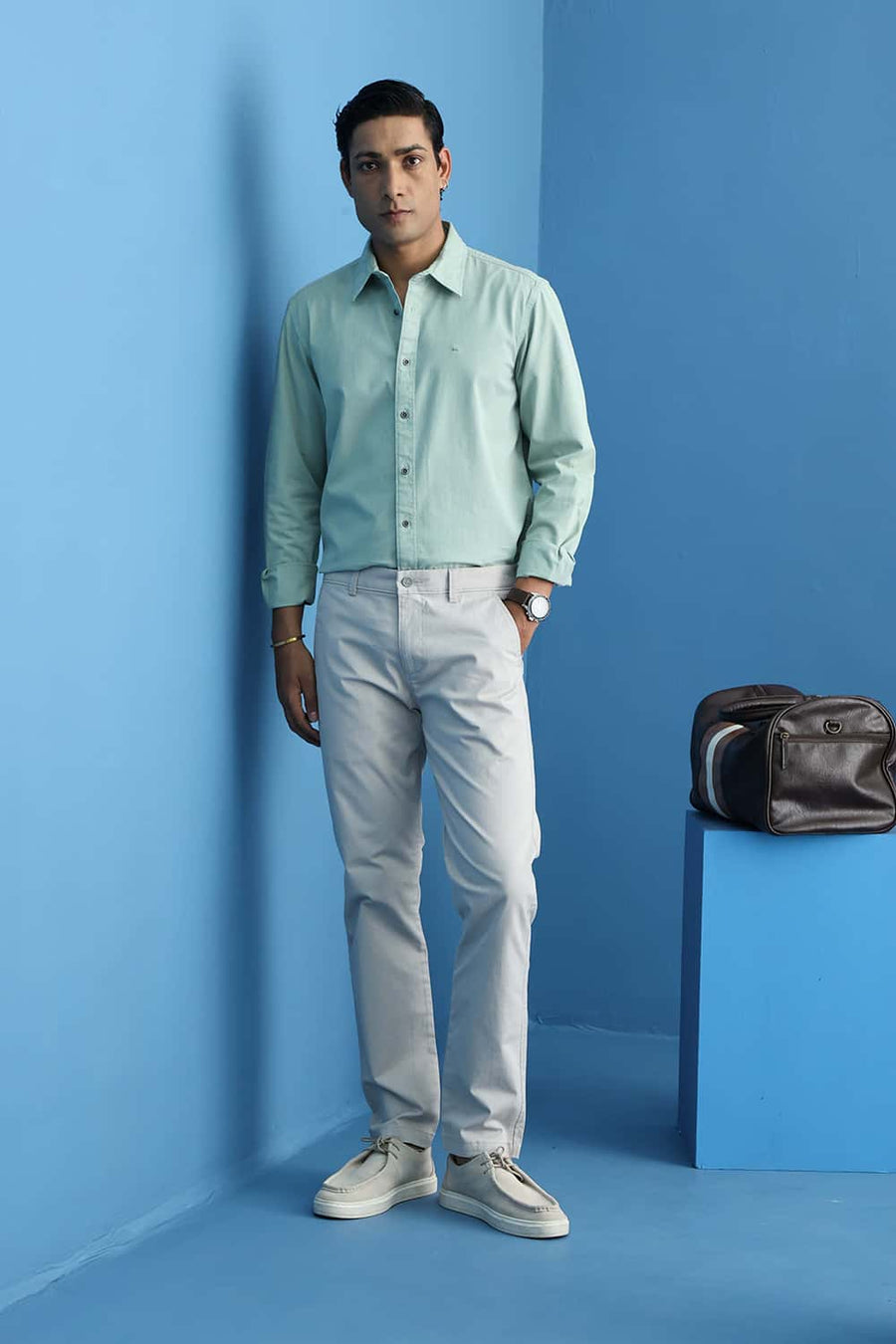 Basics Tapered Fit Cumulus Cloud Grey Cotton Stretch Structure Trouser