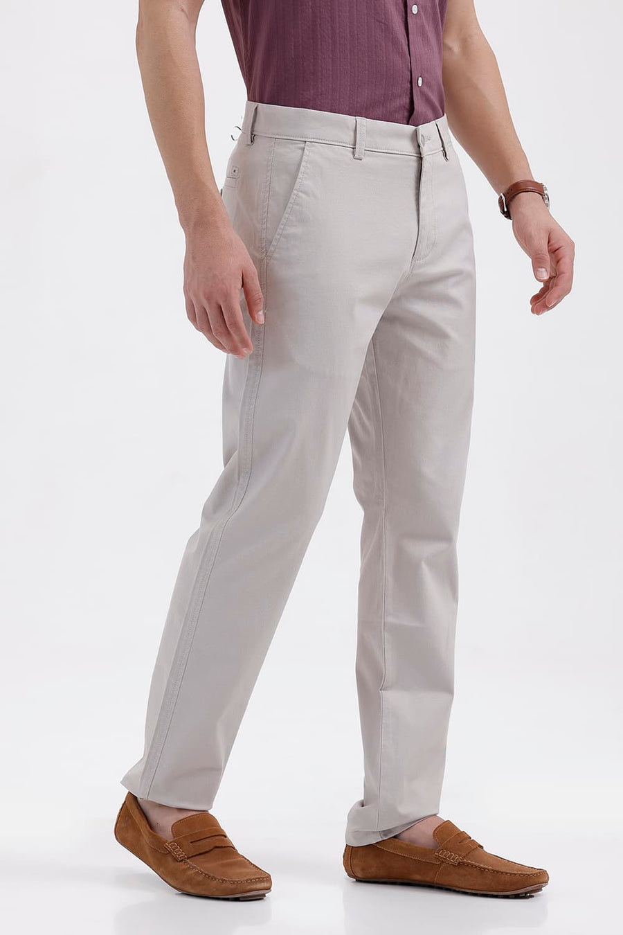 BASICS TAPERED FIT CUMULUS CLOUD GREY COTTON STRETCH STRUCTURE TROUSER