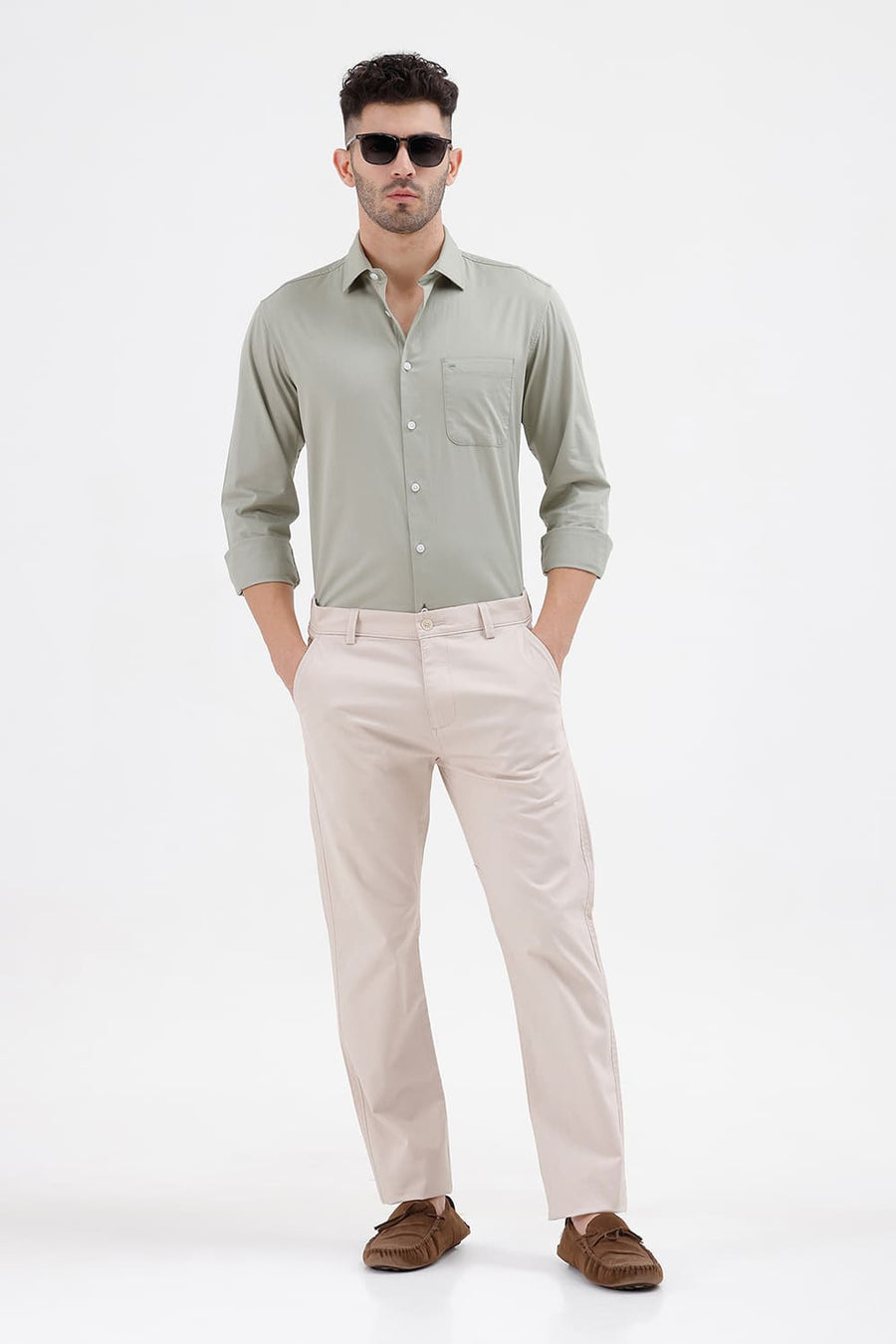 BASICS TAPERED FIT ANCIENT BEIGE COTTON STRETCH STRUCTURE TROUSER