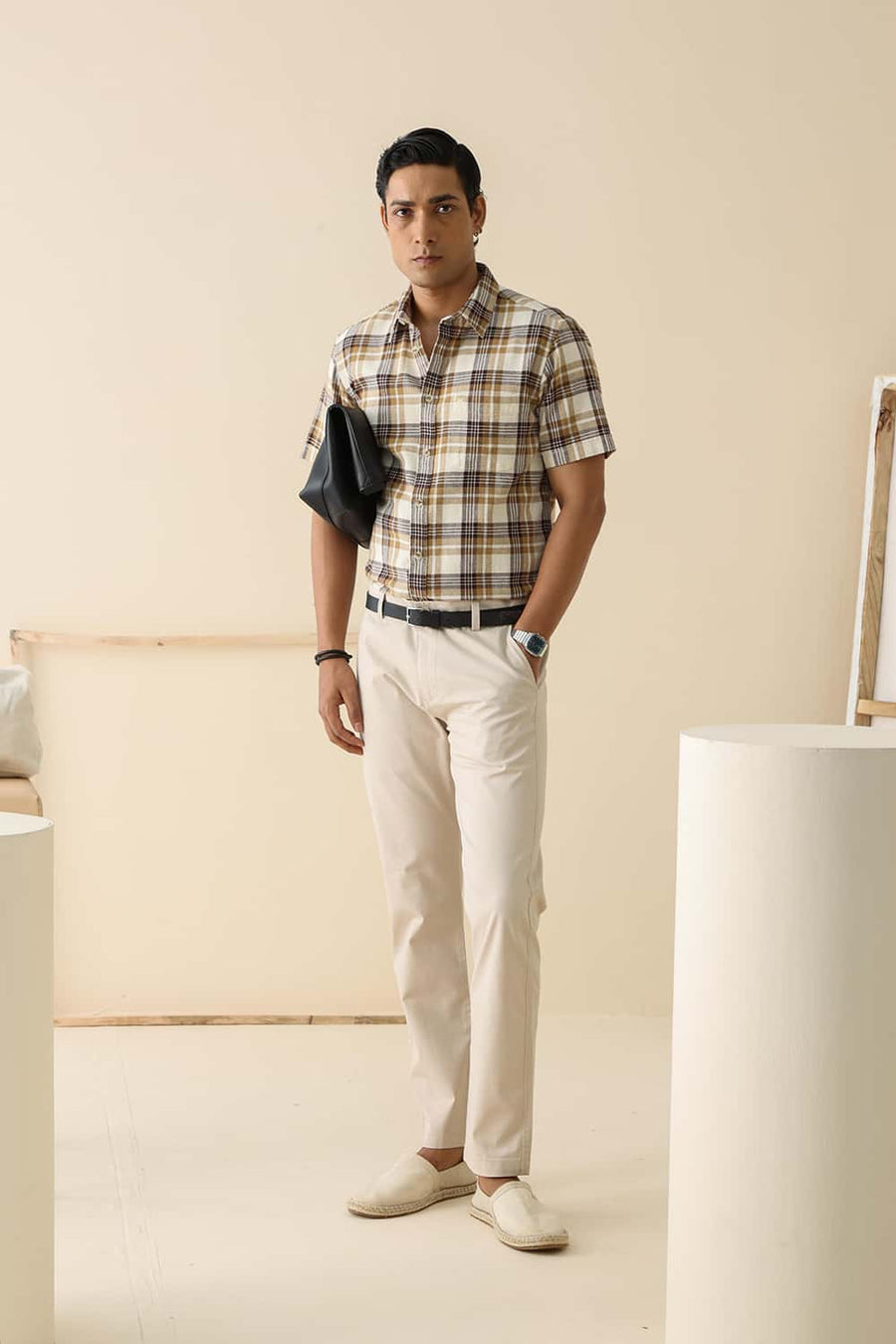 Basics Tapered Fit Ancient Beige Cotton Stretch Structure Trouser