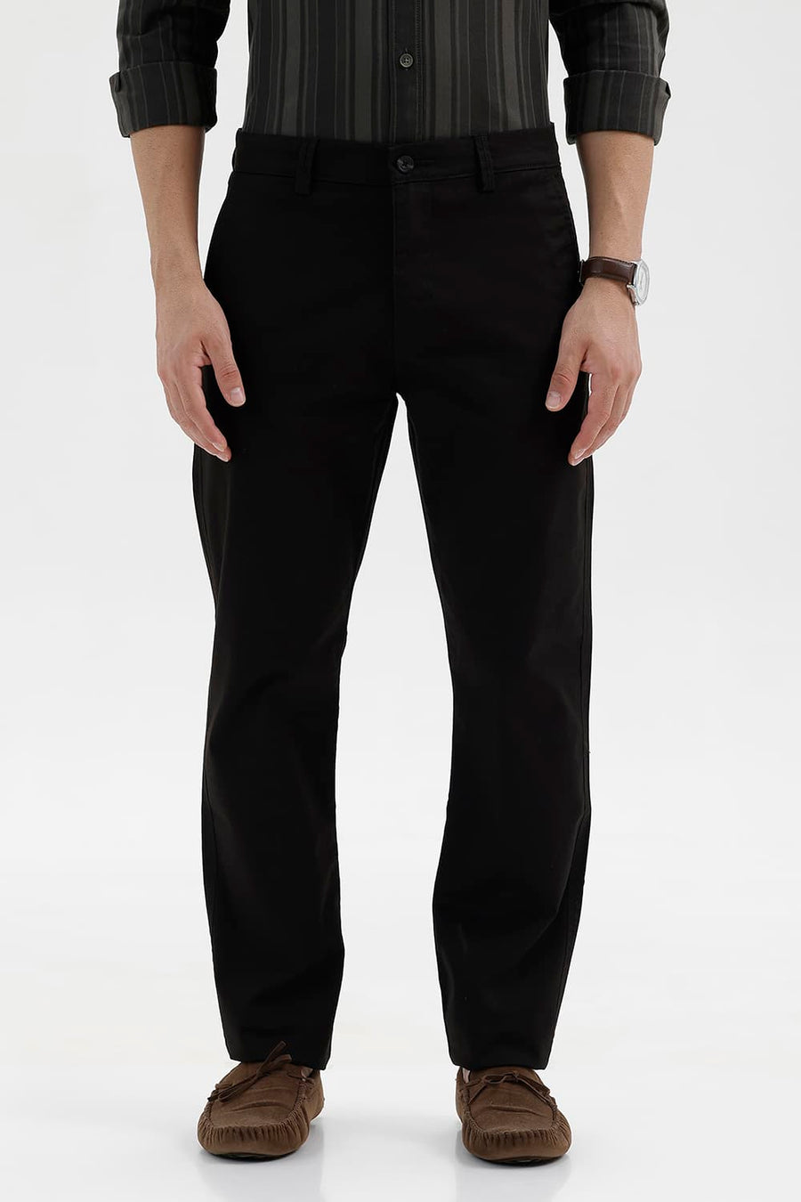 BASICS TAPERED FIT LICORICE BROWN COTTON STRETCH STRUCTURE TROUSER