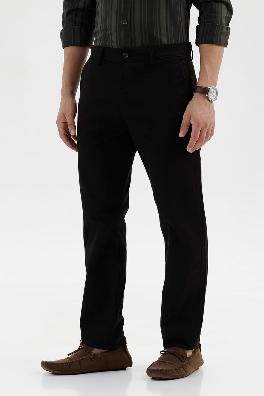 BASICS TAPERED FIT LICORICE BROWN COTTON STRETCH STRUCTURE TROUSER