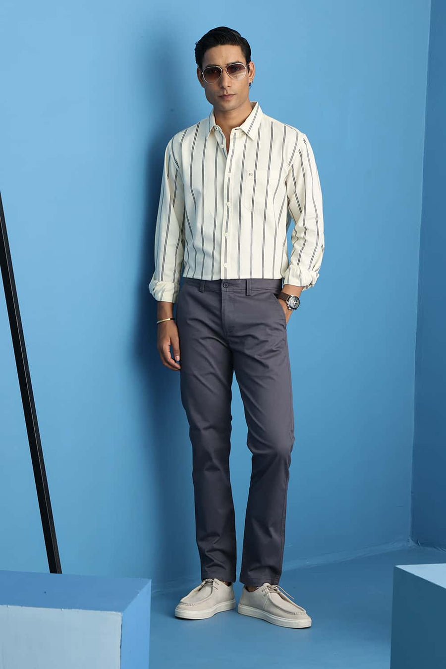 Basics Tapered Fit Burnt Ash Blue Cotton Stretch Structure Trouser