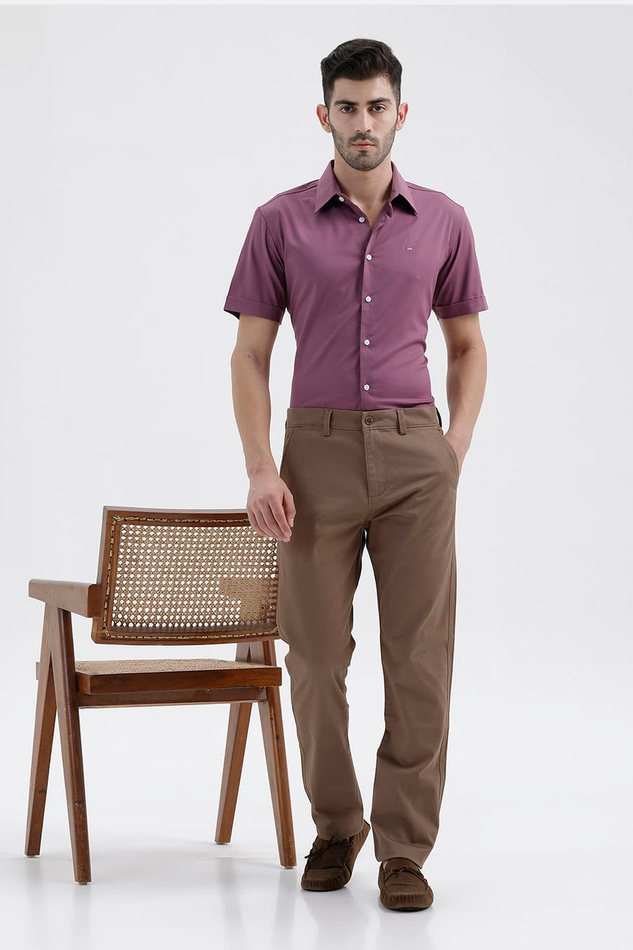 BASICS TAPERED FIT CHOCLATE CHIP KHAKI COTTON STRETCH STRUCTURE TROUSER