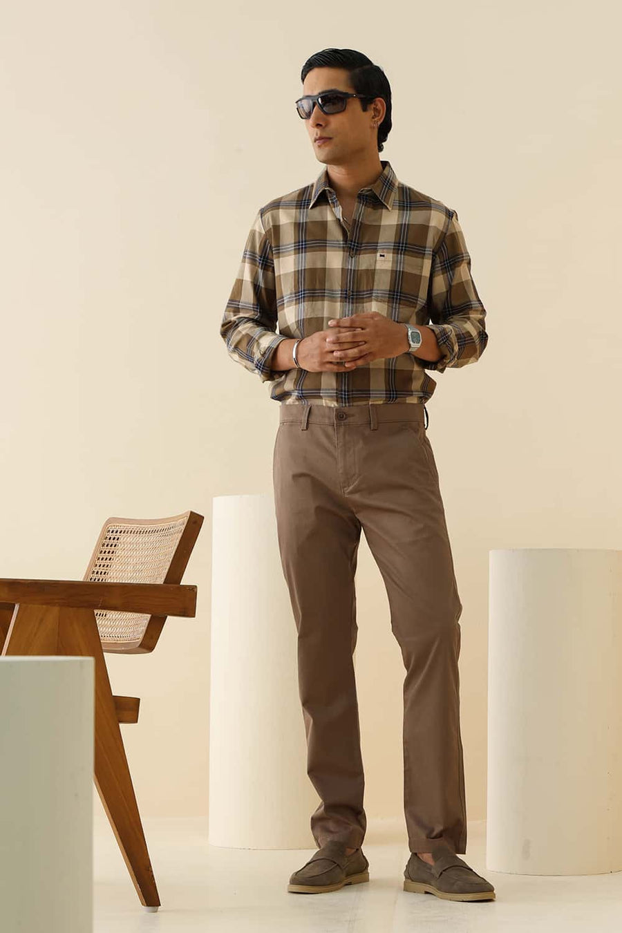BASICS TAPERED FIT CHOCLATE CHIP KHAKI COTTON STRETCH STRUCTURE TROUSER