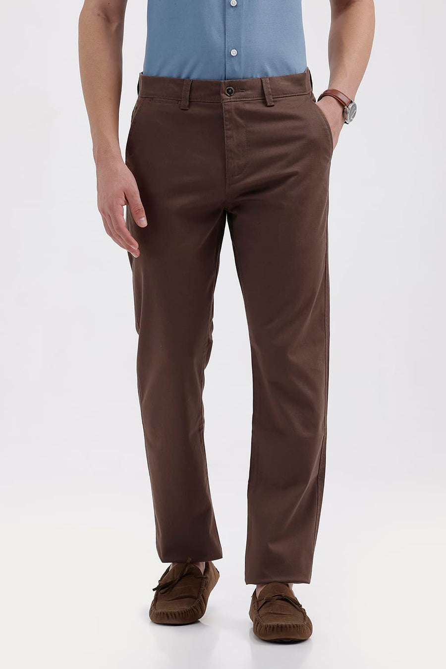 BASICS TAPERED FIT WREN BROWN COTTON STRETCH STRUCTURE TROUSER