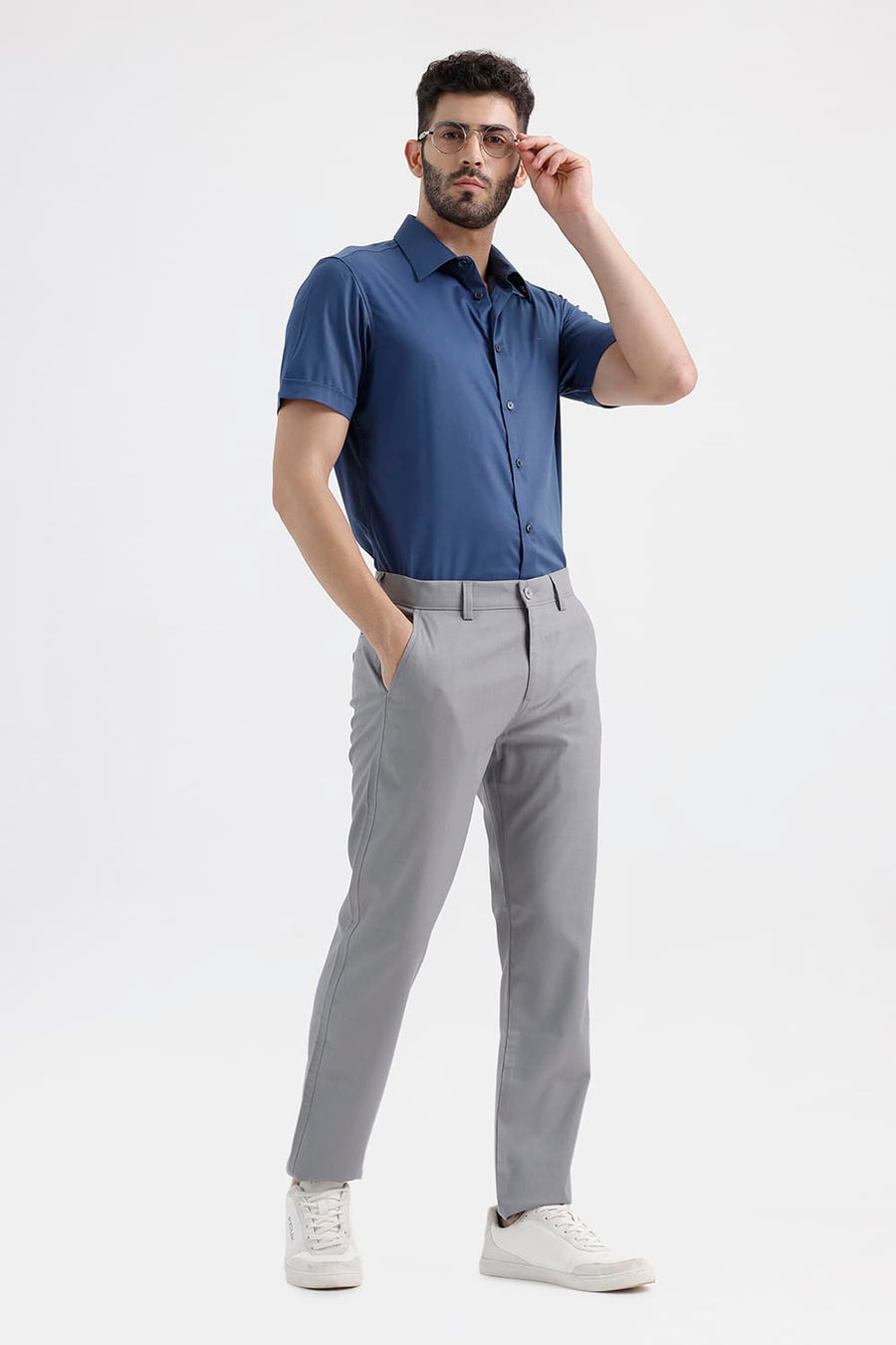 BASICS DRIFT FIT SHARK SKIN GREY POLYESTER VISCOSE STRETCH TROUSER