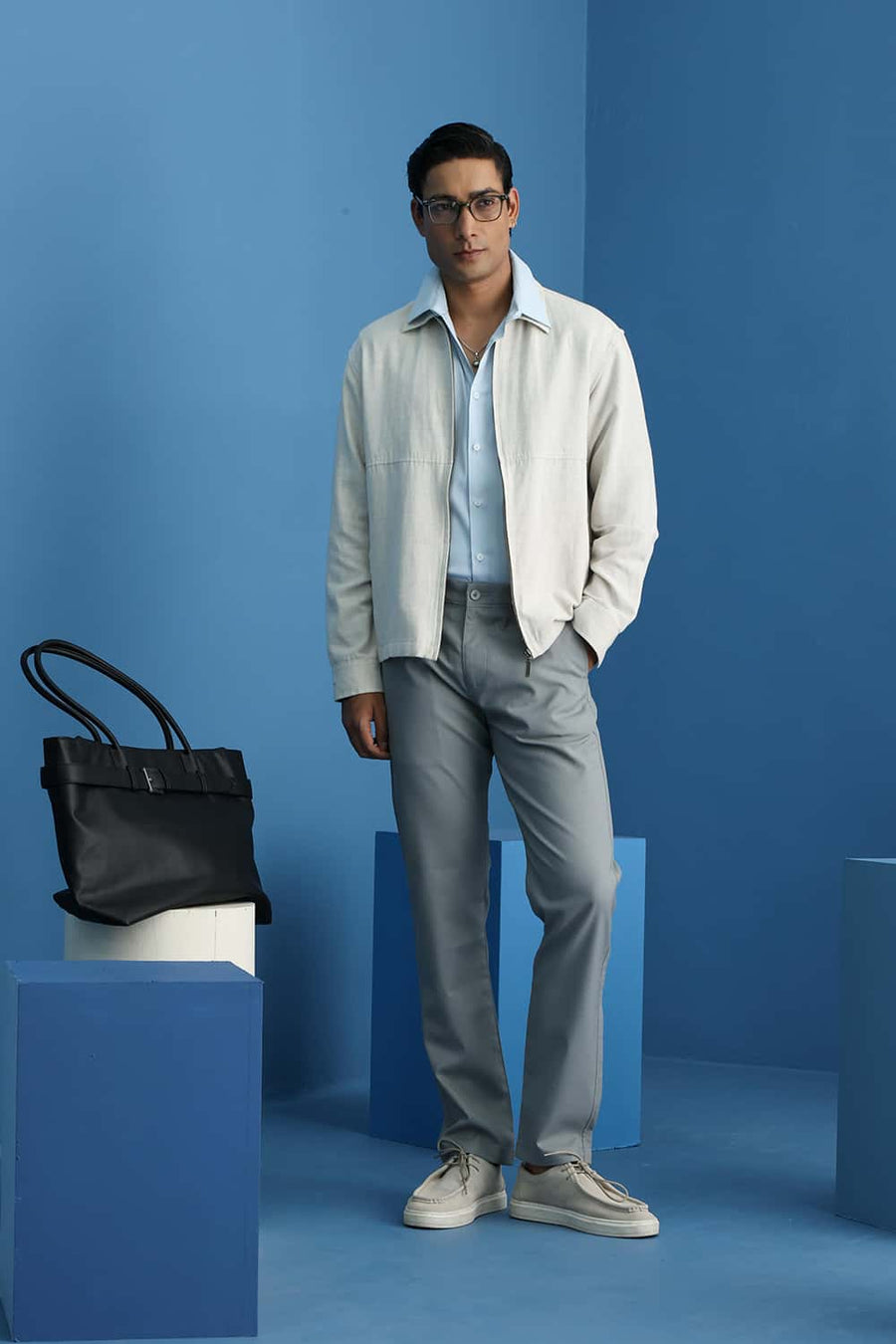 Basics Drift Fit Shark Skin Grey Polyester Viscose Stretch Trouser