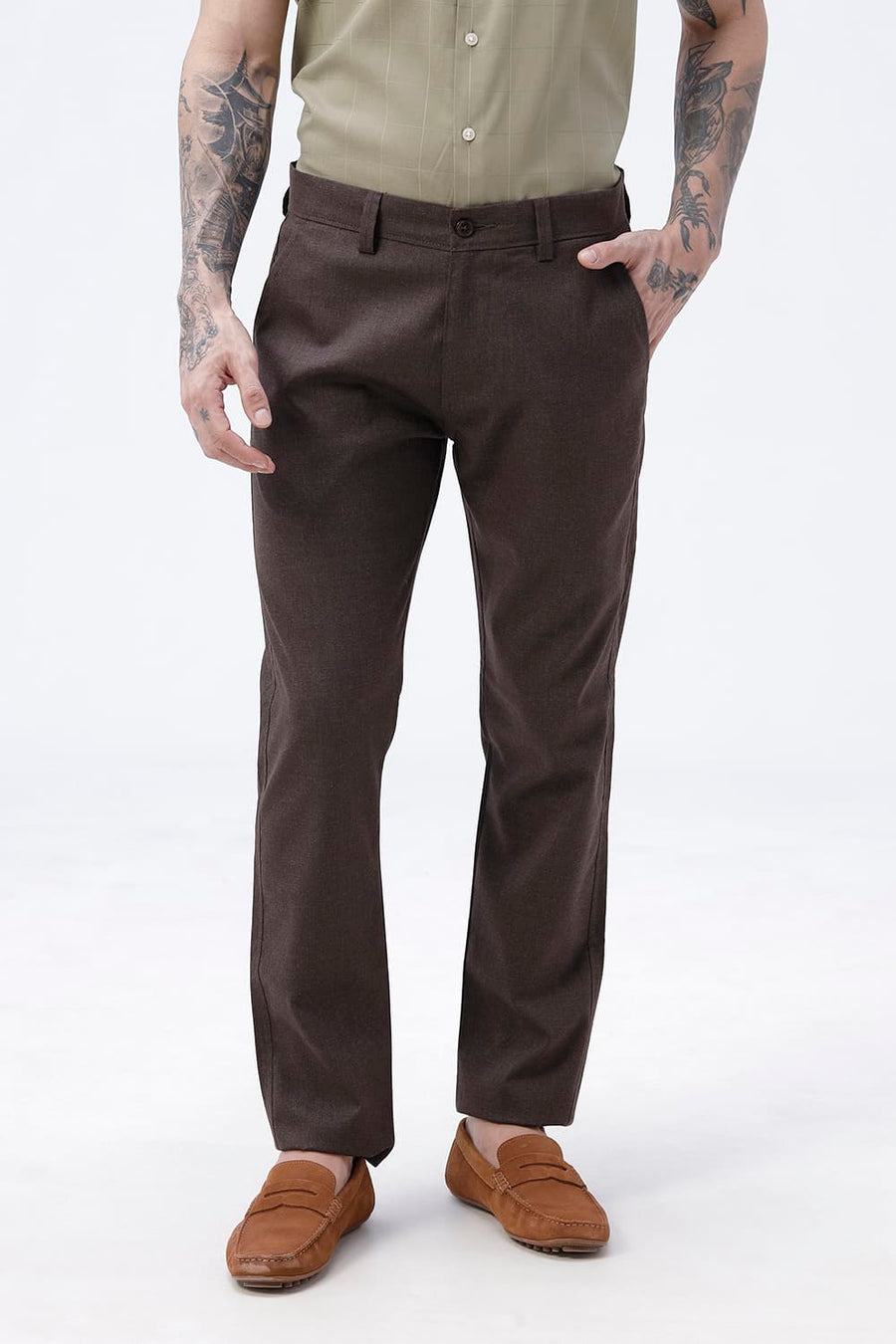 BASICS DRIFT FIT AFTER DARK BROWN POLYESTER VISCOSE STRETCH TROUSER