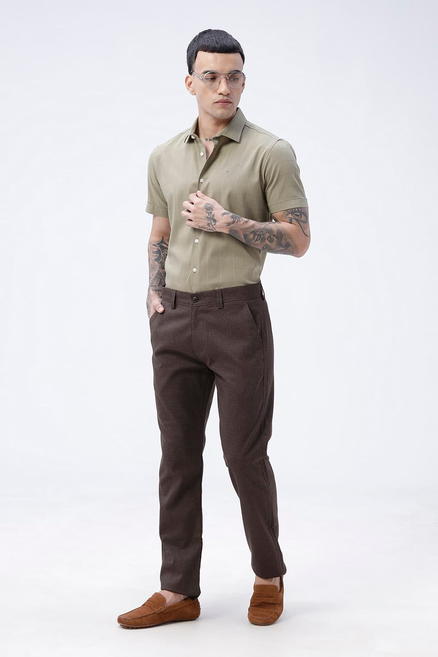 BASICS DRIFT FIT AFTER DARK BROWN POLYESTER VISCOSE STRETCH TROUSER