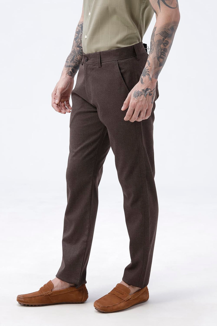 BASICS DRIFT FIT AFTER DARK BROWN POLYESTER VISCOSE STRETCH TROUSER