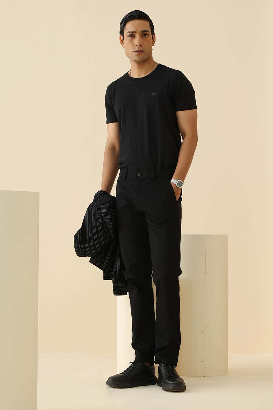Basics Tapered Fit Bristol Black Cotton Stretch Structure Trouser