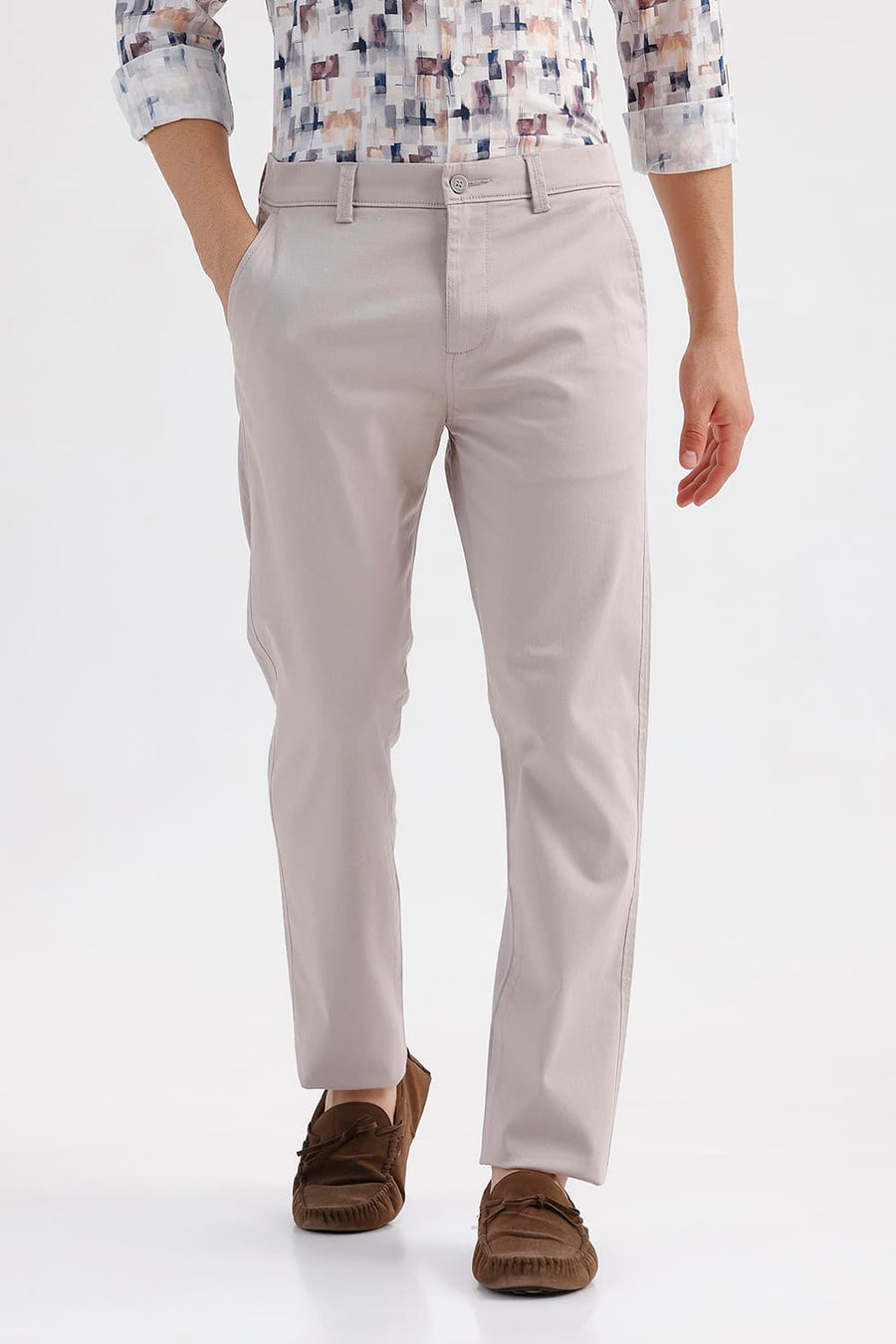 BASICS TAPERED FIT TAUPE BROWN COTTON STRETCH STRUCTURE TROUSER